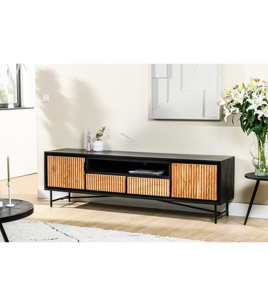 Viking - TV-meubel - 180cm - acacia - naturel - 2 deuren - 2 lades - 1 nis - staal - zwart