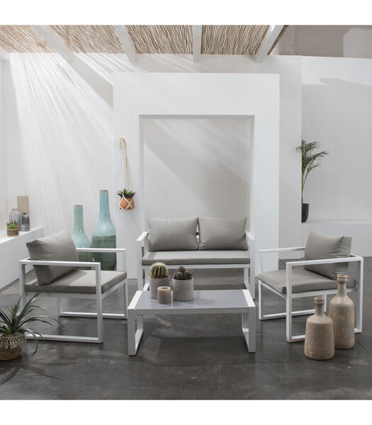 Salon de jardin IBIZA en tissu gris 4 places - aluminium blanc