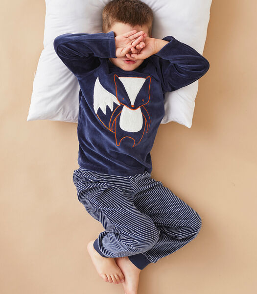 Fluwelen 2-delige pyjama met vos, donkerblauw