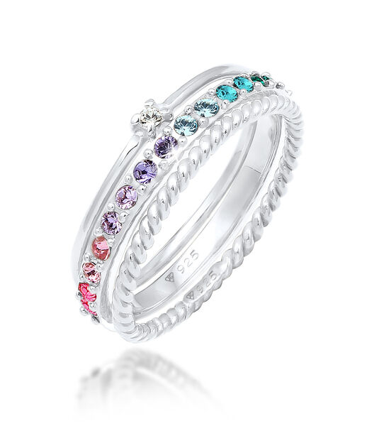 Ring Dames Set Multi-Colour Fonkelend Met Kristallen Kleurrijk In 925 Sterling Zilver Verguld