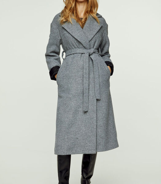 Manteau en mélange de laine et coton anthracite avec col châle et ceinture élégante