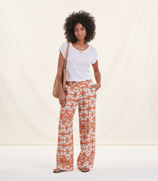Pantalon large orange en lin à taille haute tie & dye
