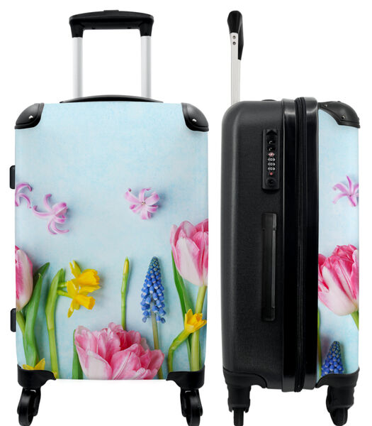 Bagage à main Valise avec 4 roues et serrure TSA (Fleurs - Printemps - Bleu - Rose)
