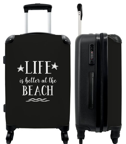 Bagage à main Valise avec 4 roues et serrure TSA (Citations - Étoiles - Noir - Blanc - "La vie est plus belle à la plage".)