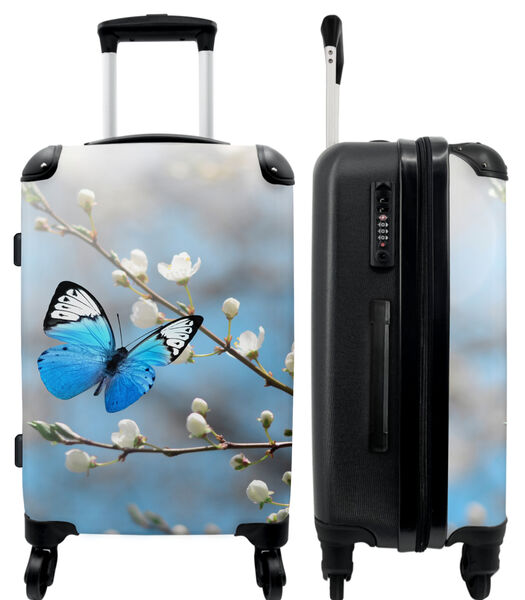 Handbagage Koffer met 4 wielen en TSA slot (Bloemen - Vlinder - Blauw - Bloesem - Wit)
