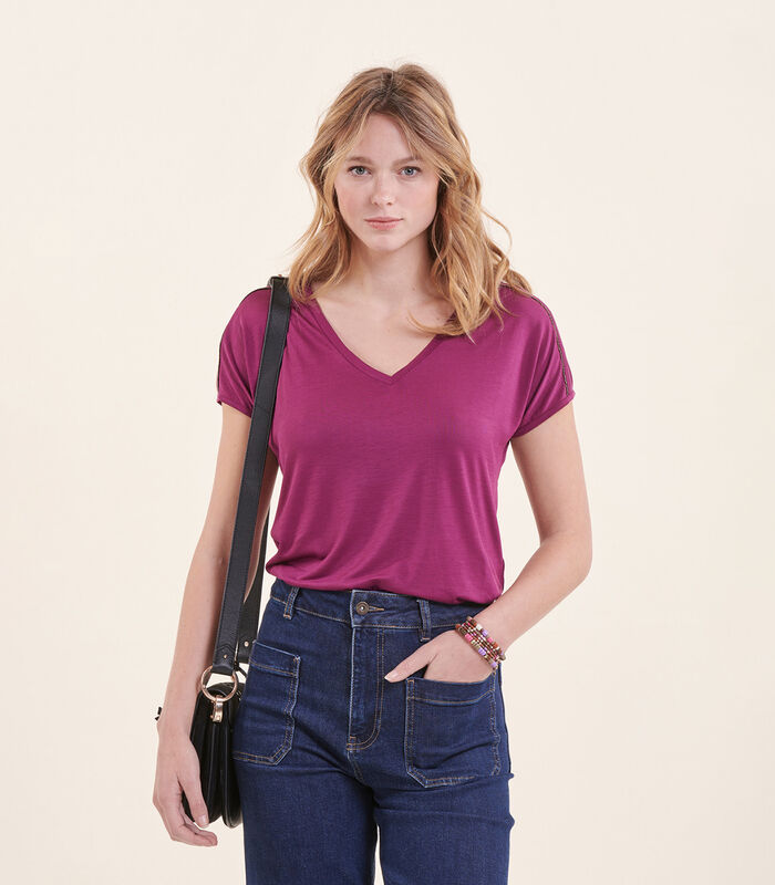 T-shirt violet col V manches courtes en lyocell image number 0