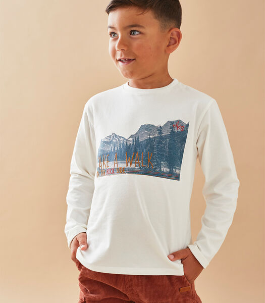 T-shirt met lange mouwen en bergen print, ecru