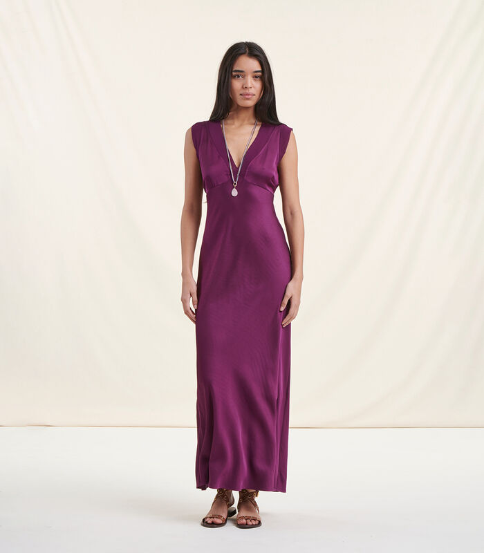 Lange paarse jurk van satijnviscose image number 0