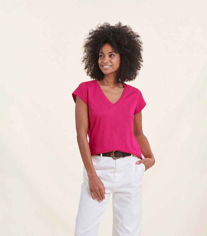 T-shirt rose fuchsia en coton modal petites manches courtes image number 0